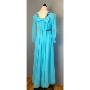 Vintage 1960s Deep Sky Blue Chiffon Gown Bow Back Prairie Gown Flowy Sheer